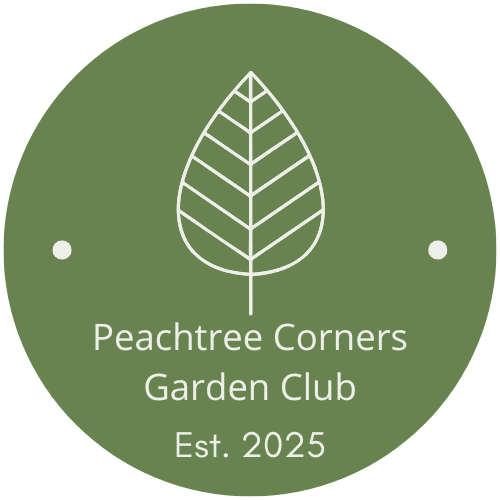 Peachtree Corners Garden Club logo with words and a simple drawing of a leaf in white on a green background
