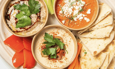 A trio of dips and pita bread from Sheesh Mediterranean