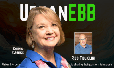 UrbanEbb podcast promo image with a photo of author Cynthia Currence and host Rico Figliolini against a black background.