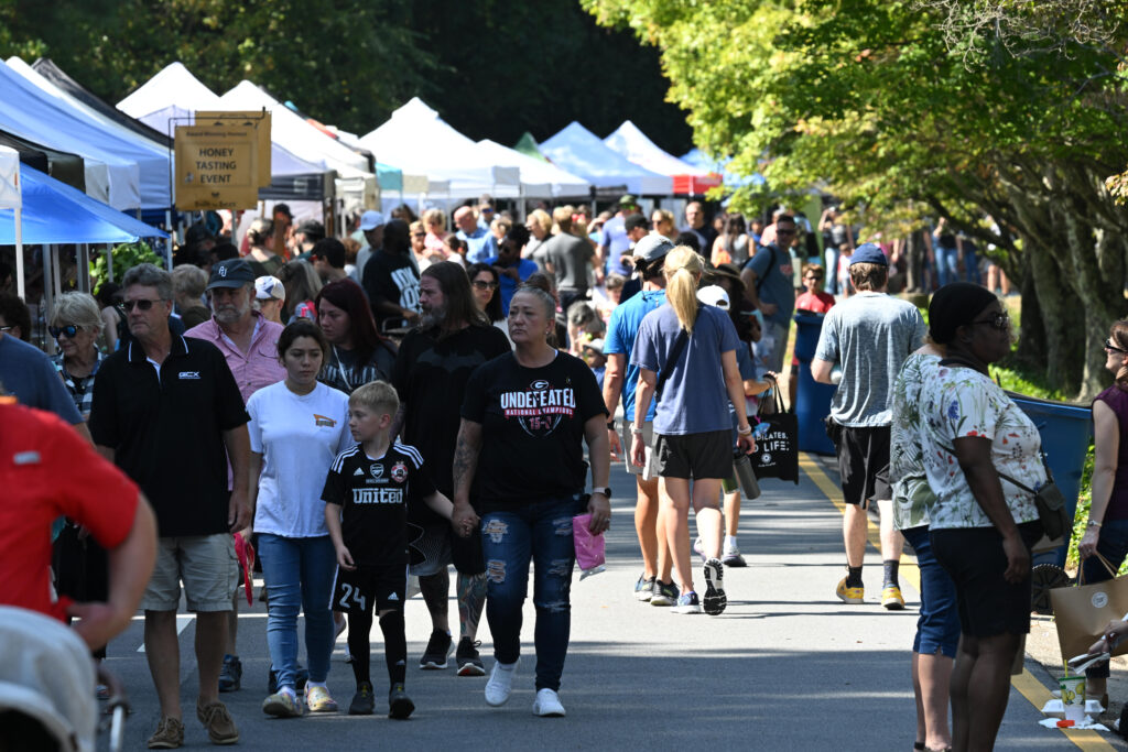 A group of people and row of vendor tents at the Peachtree Corners Festival